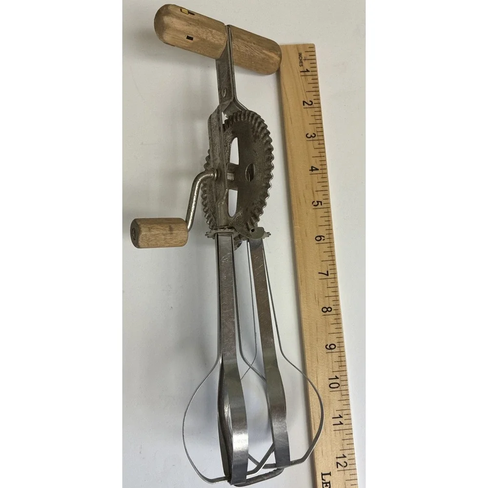 A&J High Speed Super Center‎ Drive Hand Mixer Egg Beater Wooden Handles Vintage
